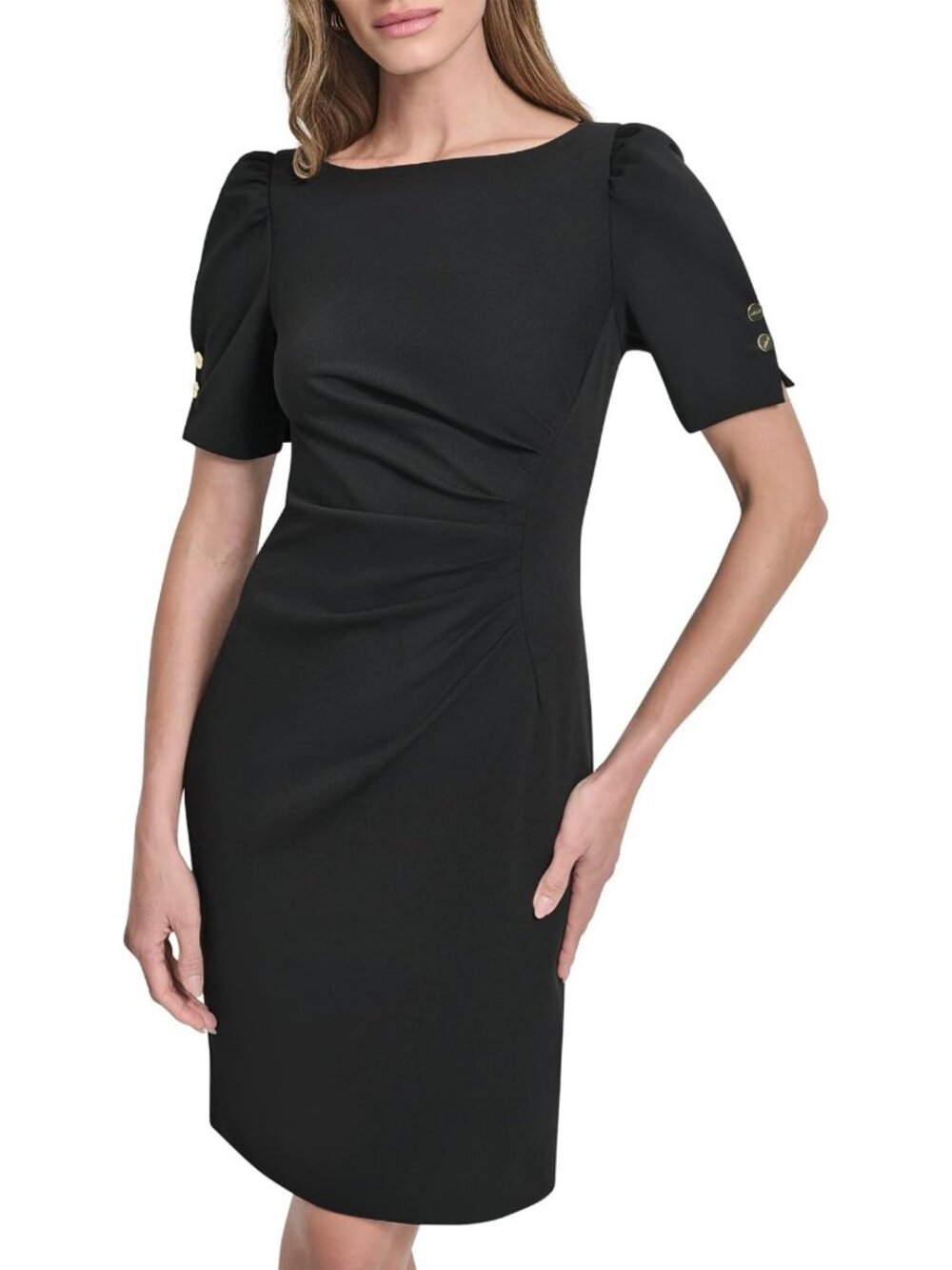 Chic Short Sleeve Ruched Sheath Dress with Button Detail - Knee Length Elegance